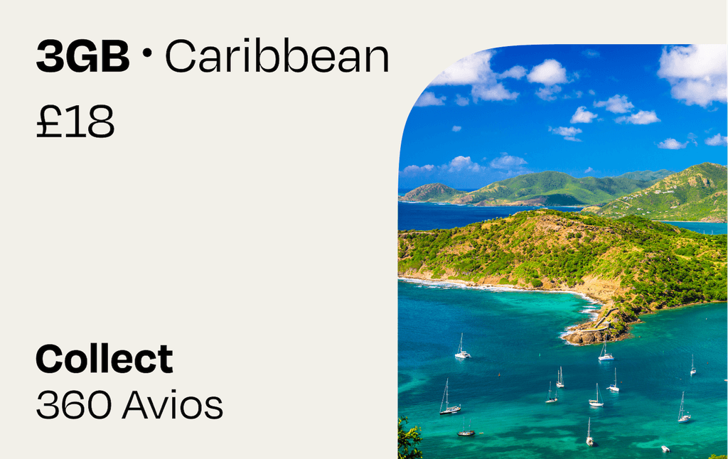 3GB Caribbean | Collect Avios: **Your mobile data plan at a glance:**

- 3 GB roaming data for Anguilla, Antigua and Barbuda, Bahamas, Barbados, British Virgin Islands, Cayman Islands, Curacao, Dominica, Dominican Republic, Grenada, Guadeloupe, Jamaica, Montserrat, Netherlands Antilles, Puerto Rico, Saint Kitts and Nevis, Saint Lucia, Saint Vincent and Grenadines, Trinidad and Tobago and Turks and Caicos Islands
- Valid for 30 days after purchase and installation, with data roaming only starting at destination
- Collect 360 ****Avios - simply link your British Airways Executive Club membership to collect your Avios after purchase. If you don’t already have one, you will be able to create a new one
- If you are not a British Airways customer you can still buy a travel plan
- After your purchase, we will send you an email to link your Avios account to collect your Avios. It can take up to 45 days to receive your Avios
- Each British Airways Executive Club member is limited to earn Avios on a maximum of 5 eSIMs per calendar year
- For the support chat, troubleshooting access, and more information on how we award Avios, visit our help center: https://help.roamavios.co.uk/

Check that your phone supports eSIM before purchasing. To install your eSIM, your device must be connected to the internet. Purchase the eSim at any time. Apple users will be able to install it straight away however Android users may need to install the eSim when connected to a local WiFi Network.

Please be aware that your initial verification email may end up in your spam or junk folders. Please mark this as not junk or spam to prevent this from happening again.