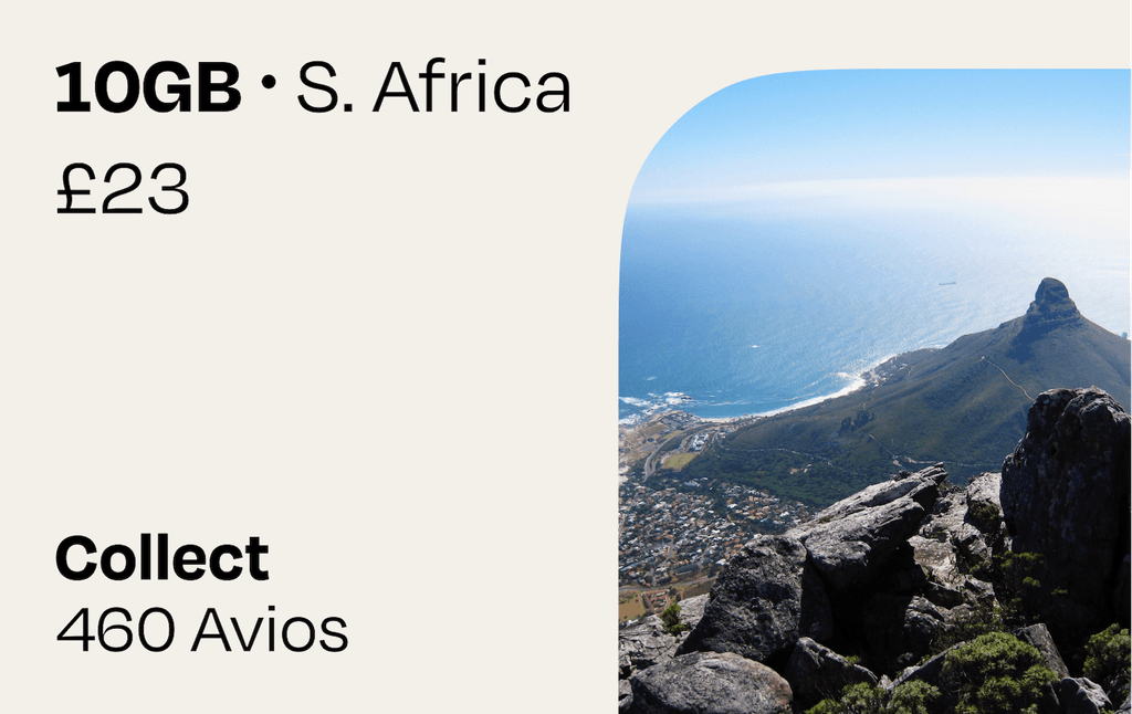 10GB South Africa | Collect Avios: **Your mobile data plan at a glance:**

- 10 GB roaming data for in South Africa
- Valid for 30 days after purchase and installation, with data roaming only starting at destination
- Collect 460 Avios - simply link your British Airways Executive Club membership to collect your Avios after purchase. If you don’t already have one, you will be able to create a new one
- If you are not a British Airways customer you can still buy a travel plan
- After your purchase, we will send you an email to link your Avios account to collect your Avios. It can take up to 45 days to receive your Avios
- Each British Airways Executive Club member is limited to earn Avios on a maximum of 5 eSIMs per calendar year
- For the support chat, troubleshooting access, and more information on how we award Avios, visit our help center: https://help.roamavios.co.uk/

Check that your phone supports eSIM before purchasing. To install your eSIM, your device must be connected to the internet. Purchase the eSim at any time. Apple users will be able to install it straight away however Android users may need to install the eSim when connected to a local WiFi Network.

Please be aware that your initial verification email may end up in your spam or junk folders. Please mark this as not junk or spam to prevent this from happening again.