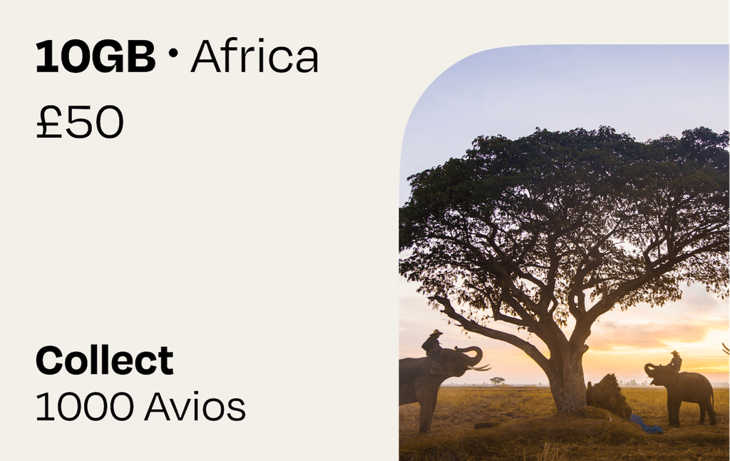 10GB Africa | Collect Avios: **Your mobile data plan at a glance:**

- 10 GB roaming data for Algeria, Benin, Chad, Congo Republic, Democratic Republic of Congo, Egypt, Gabon, Ghana, Kenya, Madagascar, Malawi, Mauritius, Morocco, Niger, Nigeria, Reunion, Rwanda, Senegal, South Africa, Sudan, Tanzania, Tunisia, Uganda, Zambia, and Zimbabwe
- Valid for 30 days after purchase and installation, with data roaming only starting at destination
- Collect 1000 Avios - simply link your British Airways Executive Club membership to collect your Avios after purchase. If you don’t already have one, you will be able to create a new one
- If you are not a British Airways customer you can still buy a travel plan
- After your purchase, we will send you an email to link your Avios account to collect your Avios. It can take up to 45 days to receive your Avios
- Each British Airways Executive Club member is limited to earn Avios on a maximum of 5 eSIMs per calendar year
- For the support chat, troubleshooting access, and more information on how we award Avios, visit our help center: https://help.roamavios.co.uk/

Check that your phone supports eSIM before purchasing. To install your eSIM, your device must be connected to the internet. Purchase the eSim at any time. Apple users will be able to install it straight away however Android users may need to install the eSim when connected to a local WiFi Network.

Please be aware that your initial verification email may end up in your spam or junk folders. Please mark this as not junk or spam to prevent this from happening again.