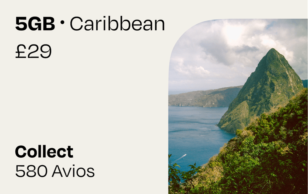 5GB Caribbean | Collect Avios: **Your mobile data plan at a glance:**

- 5 GB roaming data for Anguilla, Antigua and Barbuda, Bahamas, Barbados, British Virgin Islands, Cayman Islands, Curacao, Dominica, Dominican Republic, Grenada, Guadeloupe, Jamaica, Montserrat, Netherlands Antilles, Puerto Rico, Saint Kitts and Nevis, Saint Lucia, Saint Vincent and Grenadines, Trinidad and Tobago and Turks and Caicos Islands
- Valid for 30 days after purchase and installation, with data roaming only starting at destination
- Collect 580 ****Avios - simply link your British Airways Executive Club membership to collect your Avios after purchase. If you don’t already have one, you will be able to create a new one
- If you are not a British Airways customer you can still buy a travel plan
- After your purchase, we will send you an email to link your Avios account to collect your Avios. It can take up to 45 days to receive your Avios
- Each British Airways Executive Club member is limited to earn Avios on a maximum of 5 eSIMs per calendar year
- For the support chat, troubleshooting access, and more information on how we award Avios, visit our help center: https://help.roamavios.co.uk/

Check that your phone supports eSIM before purchasing. To install your eSIM, your device must be connected to the internet. Purchase the eSim at any time. Apple users will be able to install it straight away however Android users may need to install the eSim when connected to a local WiFi Network.

Please be aware that your initial verification email may end up in your spam or junk folders. Please mark this as not junk or spam to prevent this from happening again.